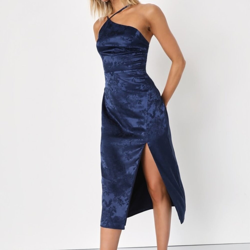 Lulus Desirable Dream Navy Blue Satin Jacquard Halter Neck Midi Dress - Size S